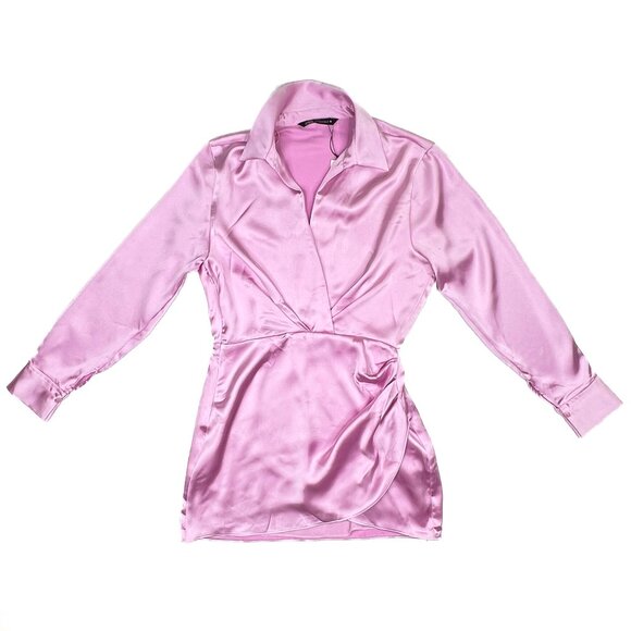 Zara Lapel Faux Wrap Satin Effect Draped Mini Shirt Dress Lavender Sz M - NWT - Picture 3 of 11